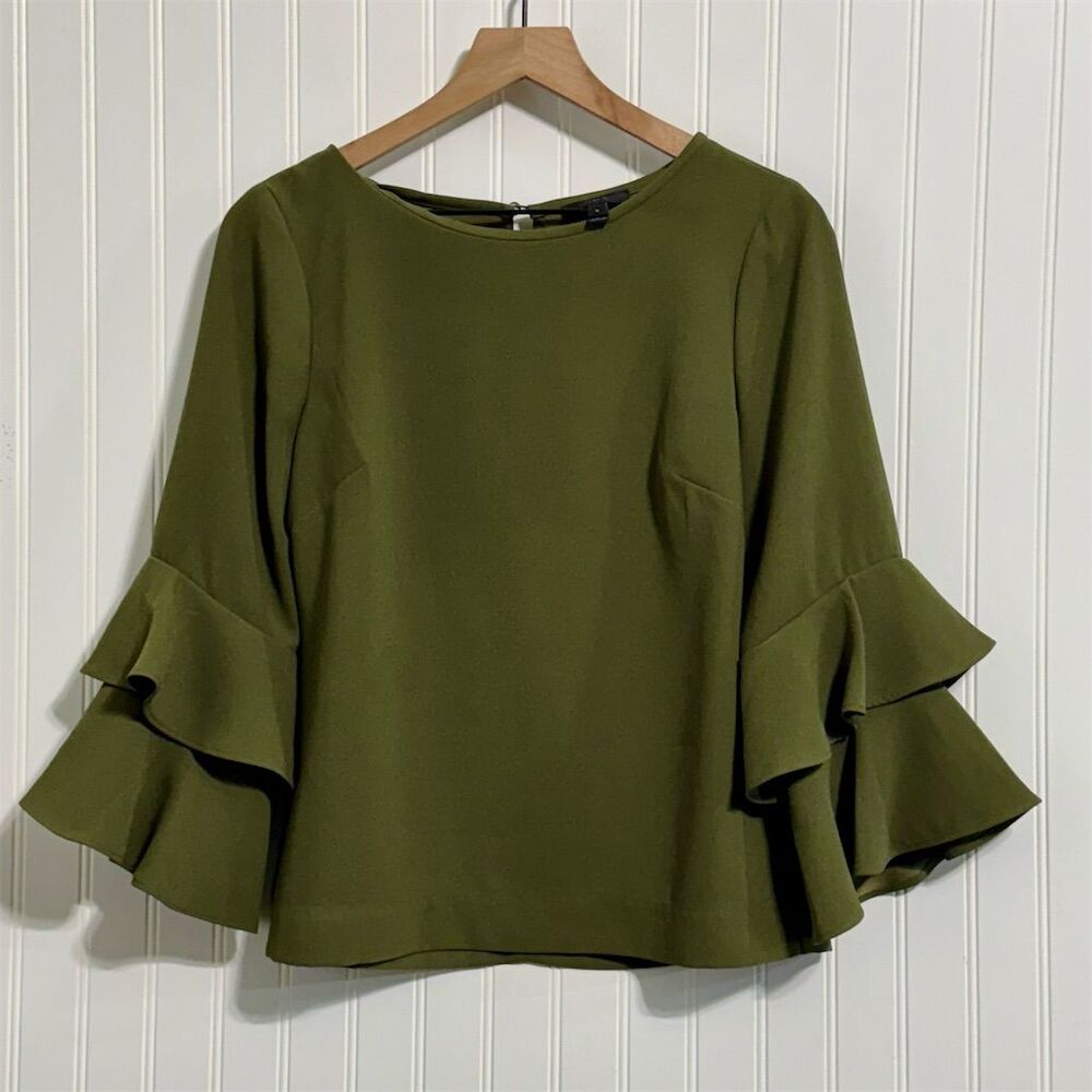 J.Crew Tiered Bell Sleeve‎ Top Women's Size 6 Olive Green Drapey Crepe Blouse